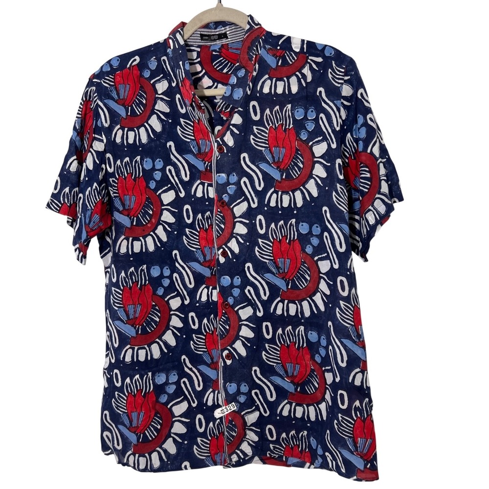 Jodi Life Button Down Shirt Mens S Hand Block Print Cotton Funky Eclectic Summer